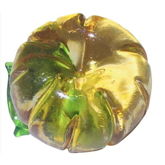 Hand Blown Art Glass Orange 1”x1.25” pumpkin Green Stem Paperweight Decor VTG - Picture 5 of 9